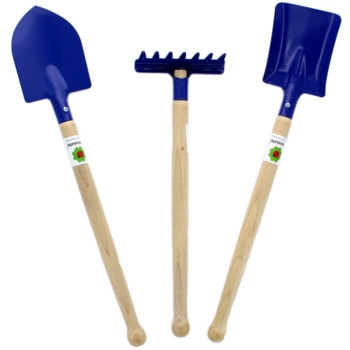 Sandspielzeug Metall und Holz, Harke, Schaufel, Spaten 3-teilig blau