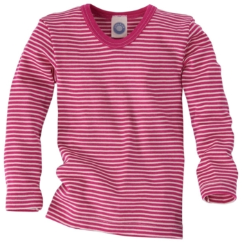Kinder Unterhemd Langarm Wolle Seide pink-geringelt